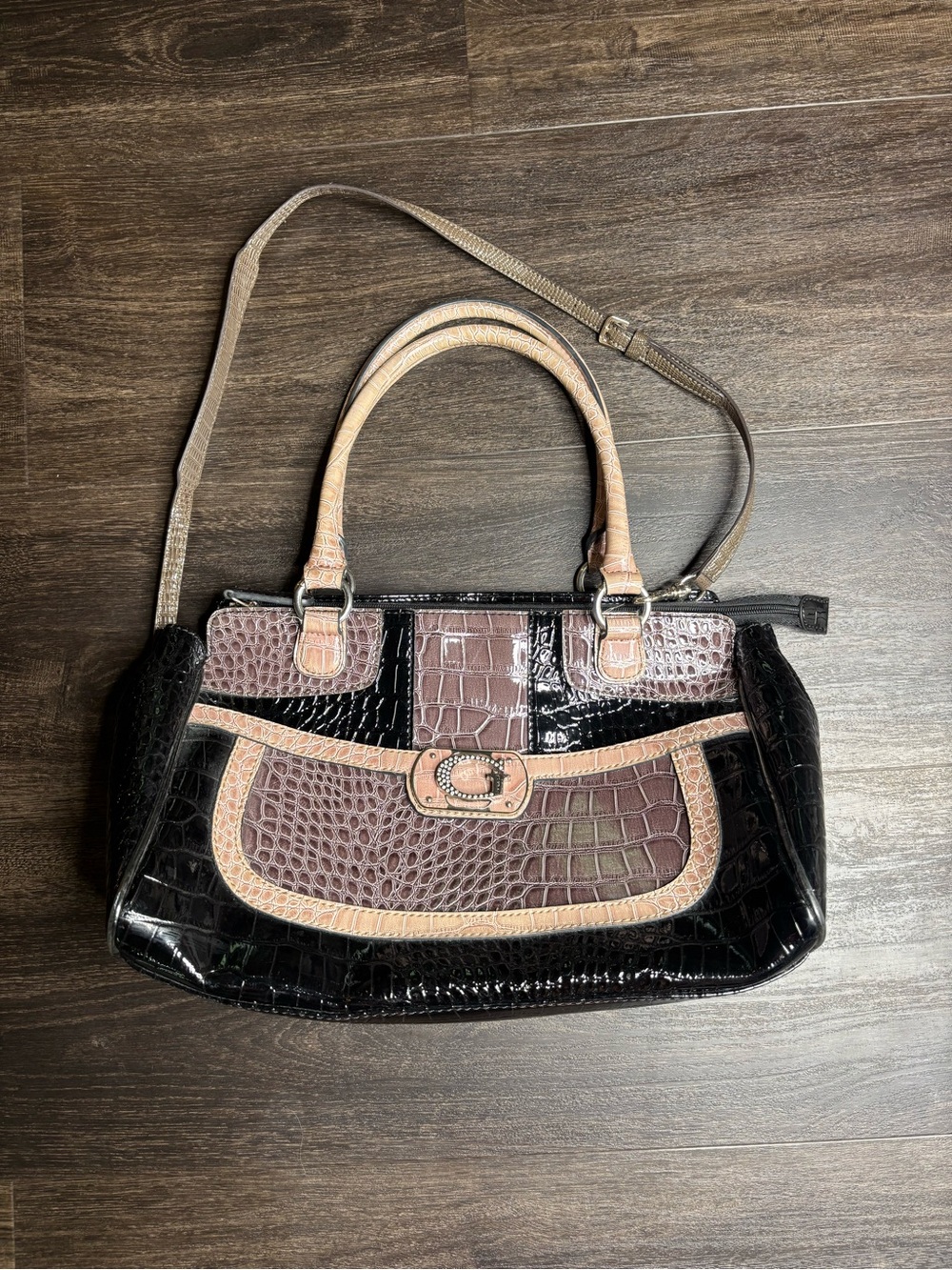 VTG Guess Y2K Black Handbag PVC Croc Embossed Double Handles
